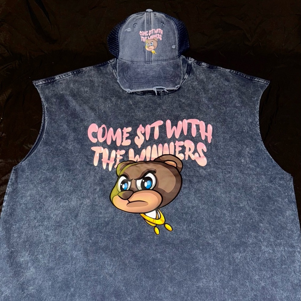 The Winning Team Couture luxurious navy denim Sleeveless Top with Bear Graphic